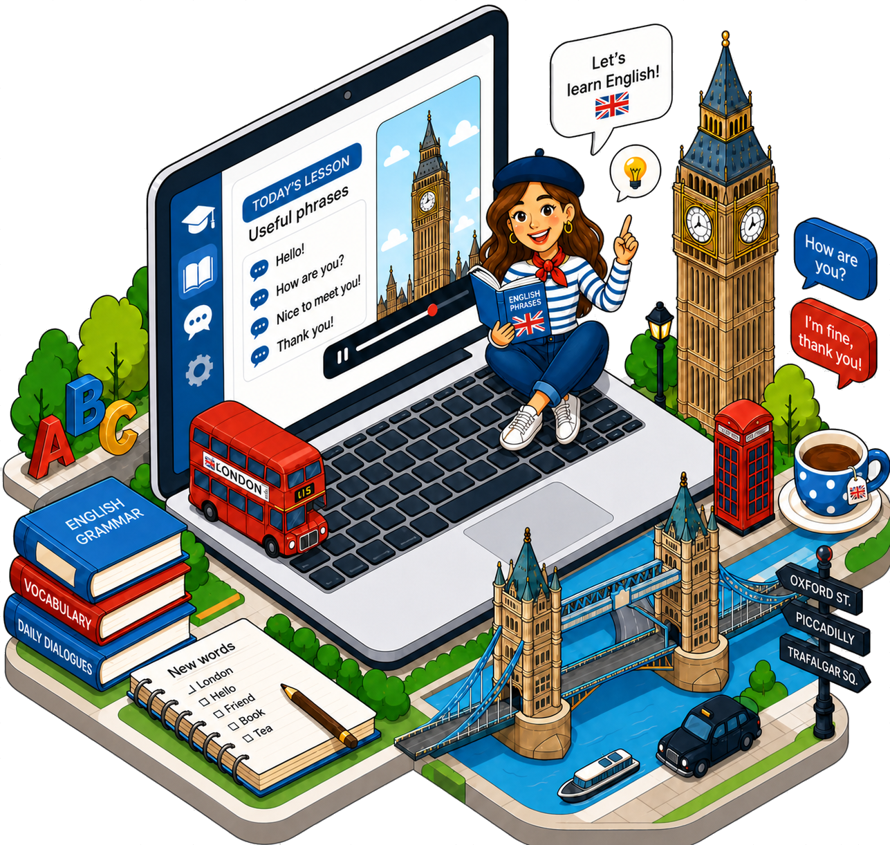 Leçon d'anglais en ligne avec ordinateur, monuments de Londres et accompagnement pédagogique.